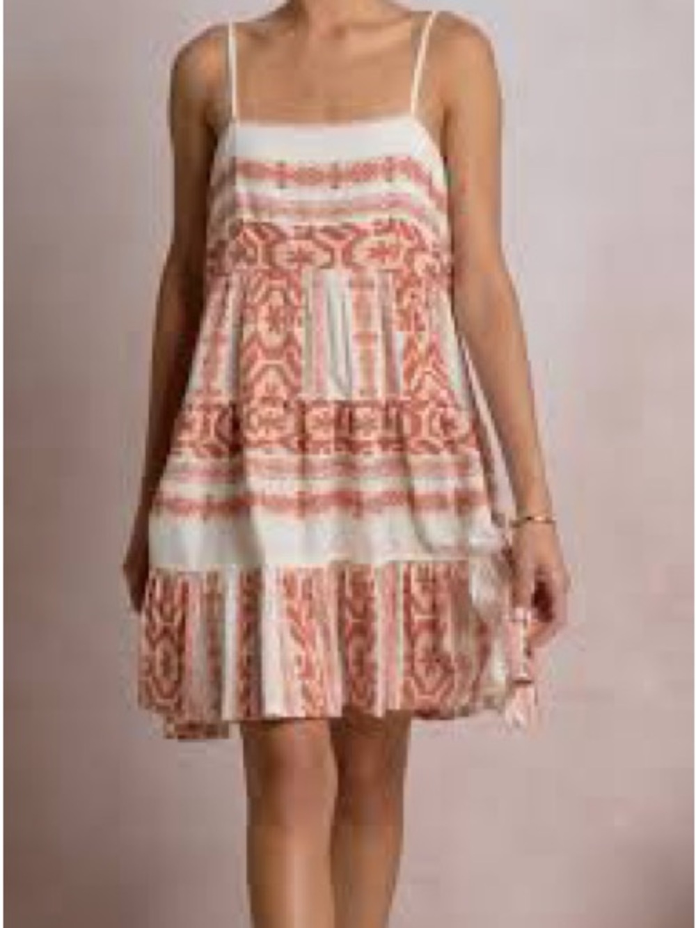 White and Coral Printed Spaghetti-Strap Mini Dress